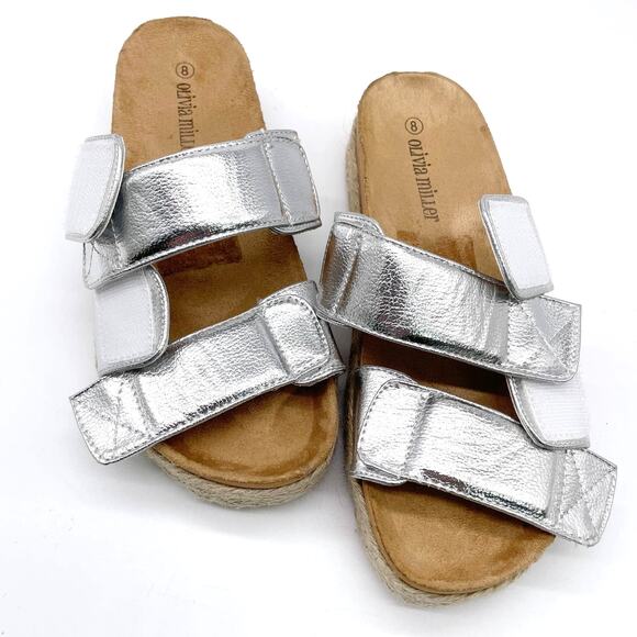 Olivia Miller Womens 8 Slide Sandal Silver Metallic Espadrille Platform Summer - Picture 3 of 10